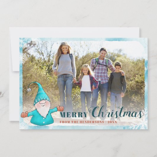 Family Photo Cute Gnome Blauwgroen Blue Kerstmis Feestdagenkaart (Voorkant)