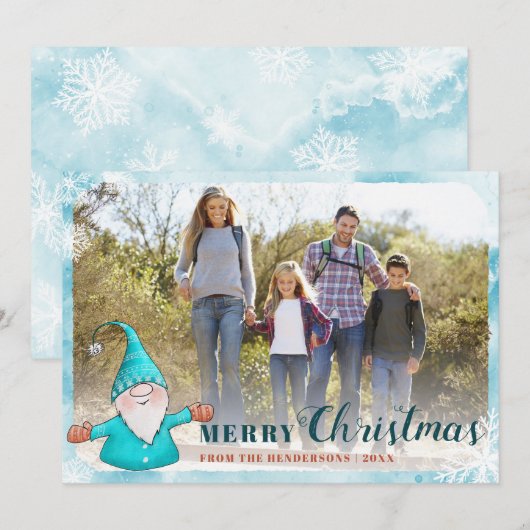 Family Photo Cute Gnome Blauwgroen Blue Kerstmis Feestdagenkaart (Voorkant / Achterkant)
