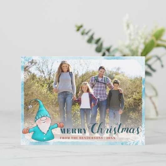 Family Photo Cute Gnome Blauwgroen Blue Kerstmis Feestdagenkaart (Staand voorkant)