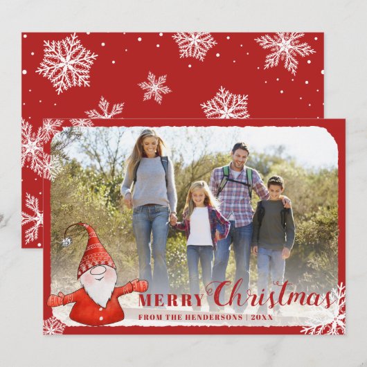 Family Photo Cute Gnome Red Merry kerst Feestdagenkaart (Voorkant / Achterkant)