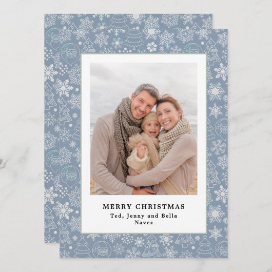 Family Photo Dusty Blue Pattern-kerstkaart (Voorkant / Achterkant)