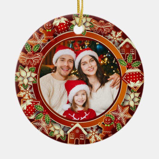 Family Photo, Gingerbread & Poinsettia Holiday Keramisch Ornament (Voorkant)