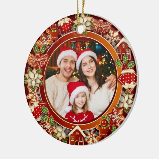 Family Photo, Gingerbread & Poinsettia Holiday Keramisch Ornament (Links)