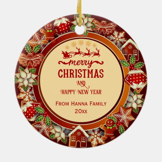 Family Photo, Gingerbread & Poinsettia Holiday Keramisch Ornament (Achterkant)