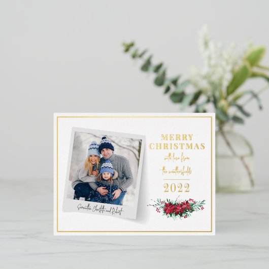 Family Photo Kerstmis Floral Script Folie Feestdagen Briefkaart (Staand Voorkant)