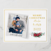 Family Photo Kerstmis Floral Script Folie Feestdagen Briefkaart (Voorkant)