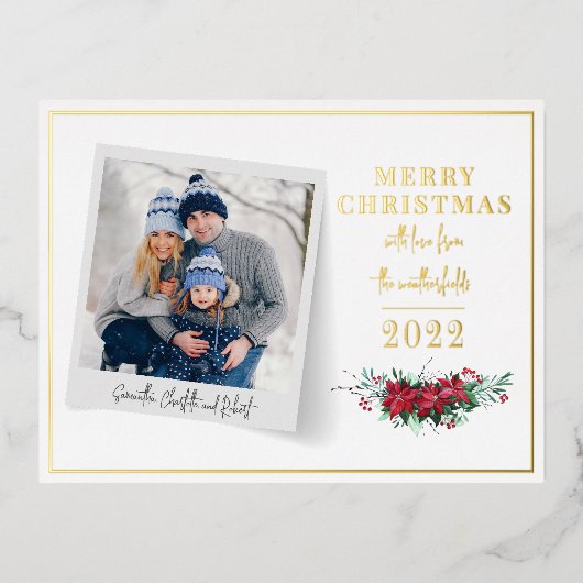 Family Photo Kerstmis Floral Script Folie Feestdagen Briefkaart (Voorkant)