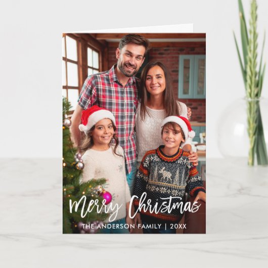 Family Photo Merry Christmas Brush Script Fold Feestdagen Kaart (Voorkant)