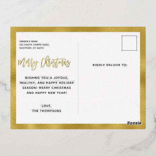 Family Photo Merry Kerstscript Gold Folie Feestdagen Briefkaart (Achterkant)