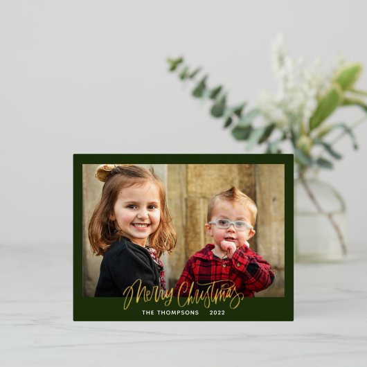Family Photo Merry Kerstscript Gold Folie Feestdagen Briefkaart (Staand Voorkant)