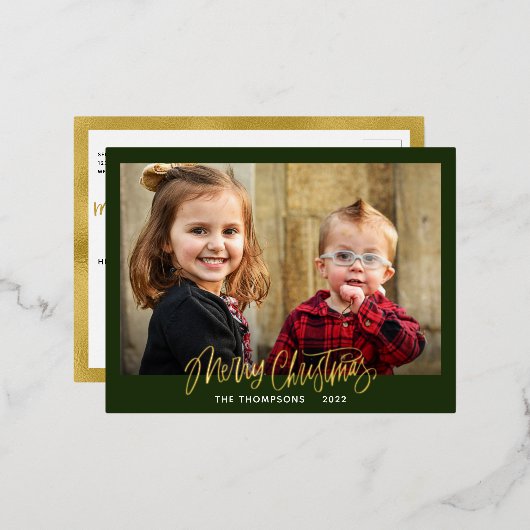 Family Photo Merry Kerstscript Gold Folie Feestdagen Briefkaart (Voorkant / Achterkant)
