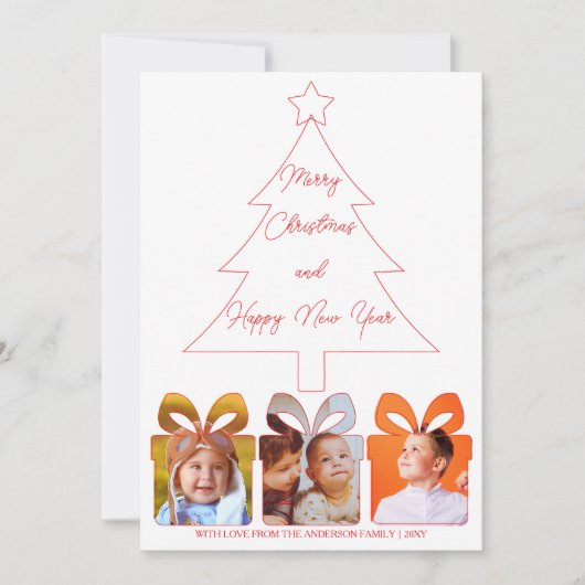 Family Photo Minimalist Red Line Christmas Tree Feestdagenkaart (Voorkant)