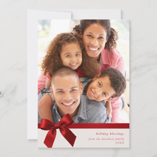 FAMILY PHOTO modern wrapped up red ribbon bow Feestdagenkaart (Voorkant)