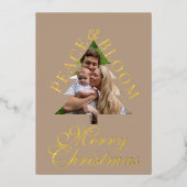 Family photo pine tree script taupe gold real  folie uitnodiging (Voorkant)