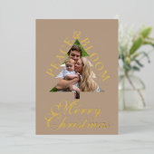 Family photo pine tree script taupe gold real  folie uitnodiging (Staand Voorkant)