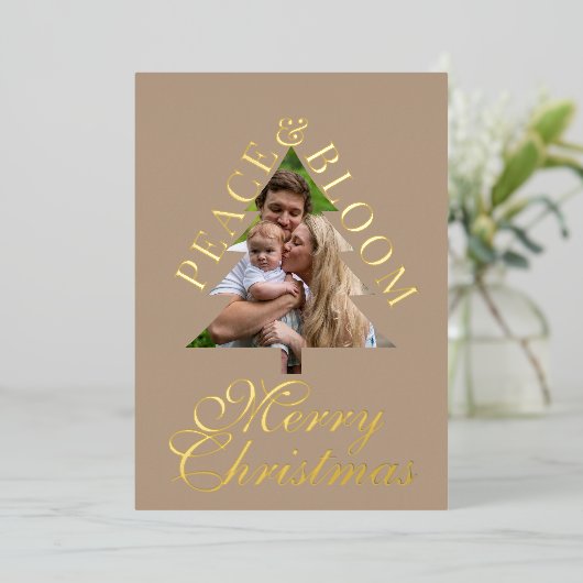 Family photo pine tree script taupe gold real  folie uitnodiging (Staand Voorkant)