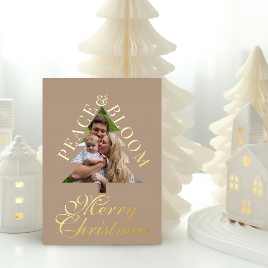 Family photo pine tree script taupe gold real  folie uitnodiging