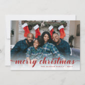 Family Photo Red Calligraphy Merry Kerstry Feestdagenkaart (Voorkant)