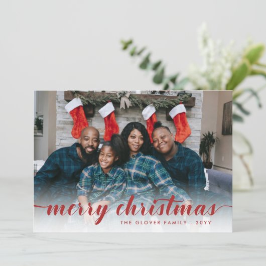 Family Photo Red Calligraphy Merry Kerstry Feestdagenkaart (Staand voorkant)