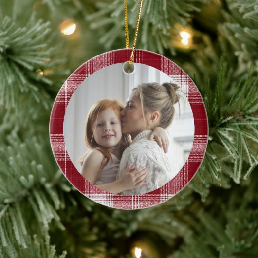 Family Photo Red Plaid Christmas Ornament (Boom)