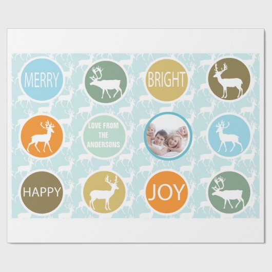 Family Photo Reindeer Kerstmis Merry Bright Cadeaupapier (Vlak)