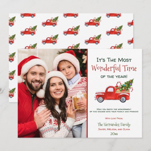 Family Photo Wonderful Time Red Kersttruck Feestdagenkaart (Voorkant / Achterkant)