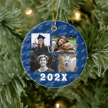 Family Photos Sea Turtle Navy Blue Keramisch Ornament<br><div class="desc">Create a special Christmas gift for the tree with this fotofornament template. Customize both sides with year, names, greeting. A sea turtle pattern over navy blue on the front is the background for bold white text and foto's of the kids, or kids and pets. The design will work for round...</div>