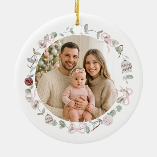 Family Pink Christmas Photo Keramisch Ornament (Achterkant)