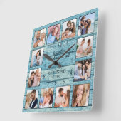 Family Quote Foto Collage Rustic Blue Wood Vierkante Klok (Hoek)