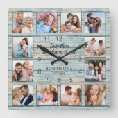 Family Quote Foto Collage Rustic Blue Wood Vierkante Klok (Voorkant)