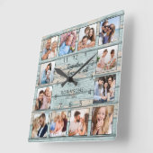 Family Quote Foto Collage Rustic Blue Wood Vierkante Klok (Hoek)