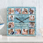 Family Quote Foto Collage Rustic Blue Wood Vierkante Klok<br><div class="desc">Creëer eenvoudig uw eigen,  gepersonaliseerde blauwe,  rustige driftwood planks van het meer huisstijl met uw aangepaste foto's. Het ontwerp kenmerkt ook een mooi handgeschreven manuscriptcitaat: "Samen hebben wij het allen". Voor beste resultaten,  bewaar de afbeeldingen aan vierkant - met het nadrukpunt in het centrum - alvorens te uploaden.</div>