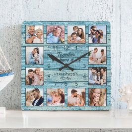 Family Quote Foto Collage Rustic Blue Wood Vierkante Klok