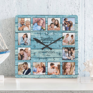 Family Quote Foto Collage Rustic Blue Wood Vierkante Klok