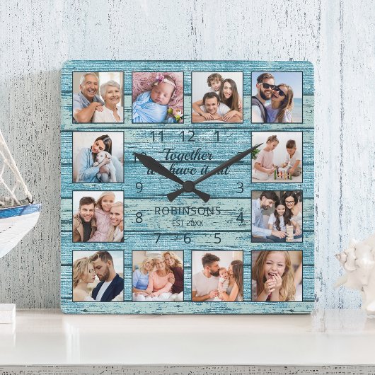 Family Quote Foto Collage Rustic Blue Wood Vierkante Klok