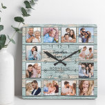 Family Quote Foto Collage Rustic Blue Wood Vierkante Klok<br><div class="desc">Creëer eenvoudig uw eigen,  gepersonaliseerde blauwe,  rustige driftwood planks van het meer huisstijl met uw aangepaste foto's. Het ontwerp kenmerkt ook een mooi handgeschreven manuscriptcitaat: "Samen hebben wij het allen". Voor beste resultaten,  bewaar de afbeeldingen aan vierkant - met het nadrukpunt in het centrum - alvorens te uploaden.</div>