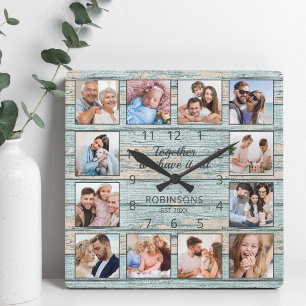 Family Quote Foto Collage Rustic Blue Wood Vierkante Klok