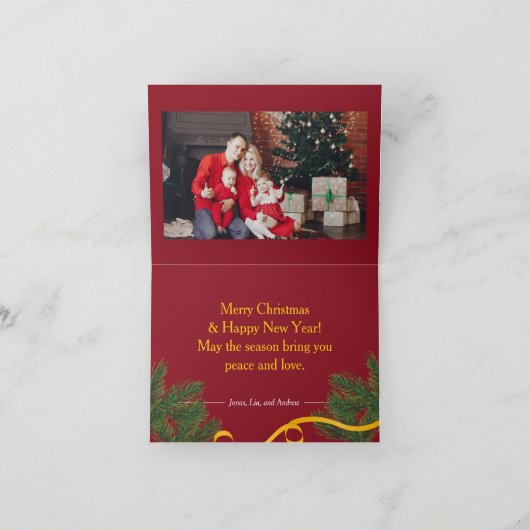 Family Red and Gold Christmas with Tree Ribbon Bedankkaart (Binnen)