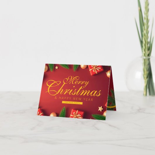 Family Red and Gold Christmas with Tree Ribbon Bedankkaart (Voorkant)