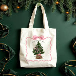 Family Retro Farm Fresh Christmas Trees Pink Bow Tote Bag<br><div class="desc">Celebrate your family's holiday traditions with a touch of rustic charm with our personalized family vintage style retro Farm Fresh Christmas Trees tote bag. This delightful piece features our hand-painted watercolor evergreen Christmas tree, nestled in a quaint burlap sack. The artwork is adorned with retro-style script, evoking a timeless, nostalgic...</div>