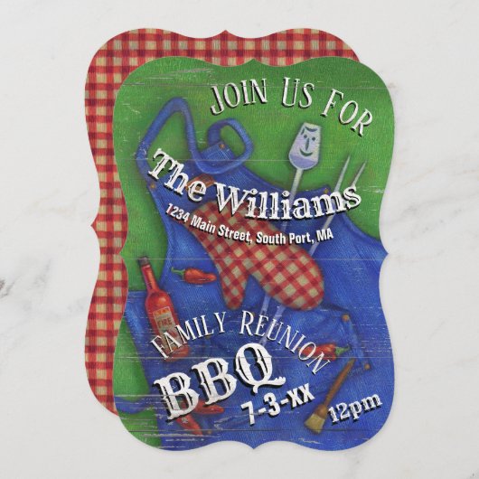 Family Reunion BBQ Red Gingham Invitation Kaart (Voorkant / Achterkant)