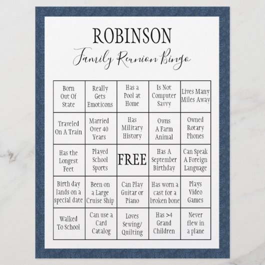 Family Reunion Bingo Game Blue Tegel (Voorkant)