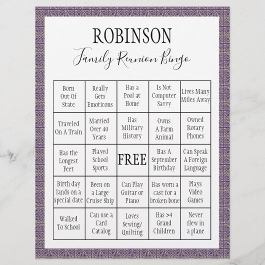 Family Reunion Bingo Game Paarse Tegel (Voorkant)