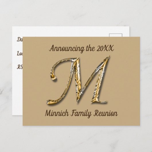 Family Reunion Gold Letter M Monogram Uitnodiging (Voorkant / Achterkant)
