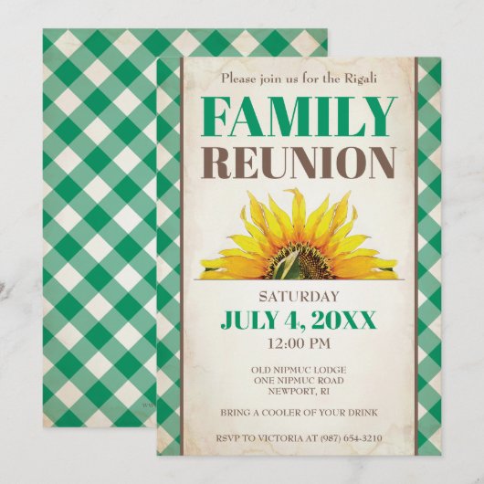 Family Reunion Invite, Sunflower, Green Kaart (Voorkant / Achterkant)