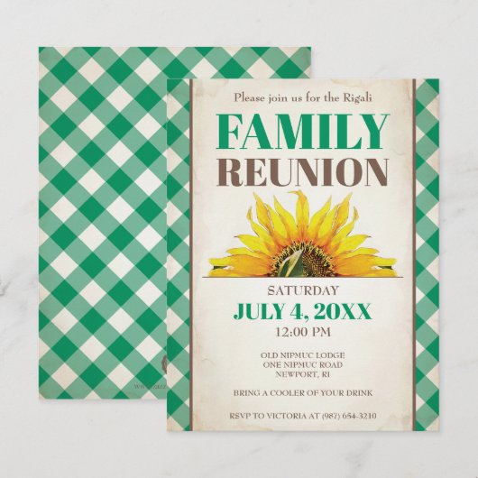 Family Reunion Invite, Sunflower, Green Kaart (Voorkant / Achterkant)