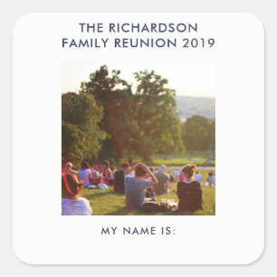 Family Reunion Name Tag met je foto of Logo Vierkante Sticker