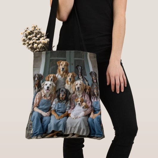 Family Reunion of Dogs On Farmhouse Porch Tote Bag (Dichtbij)