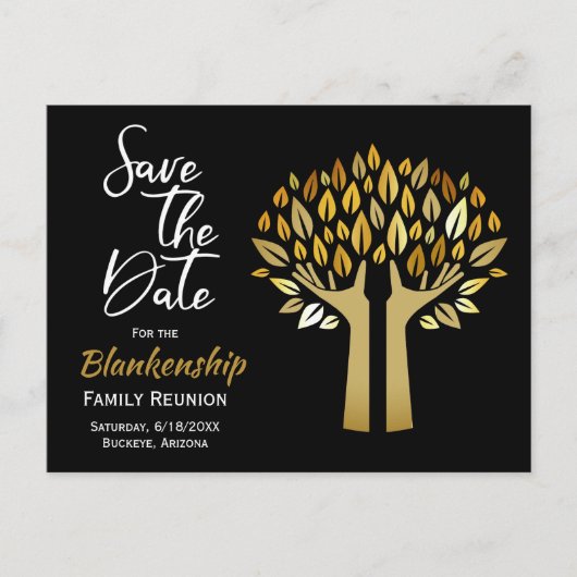 Family Reunion Save The Date Hands Up Tree Leaves Aankondigingskaart (Voorkant)