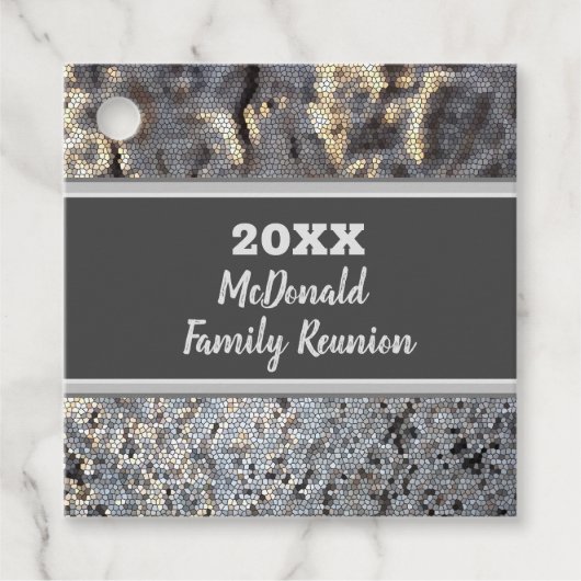 Family Reunion Small Grey Black Tile Mosaic Bedankjes Labels (Voorkant)